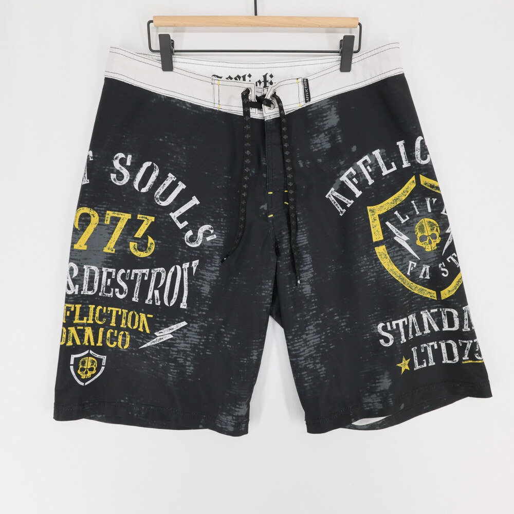 Affliction Board Shorts Mens 36 Black Graphic Swim Trunks Skull Y2K Surf